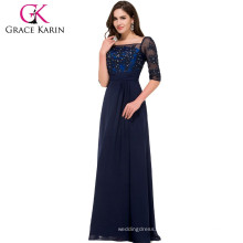 Grace Karin long Floor length Half Sleeve Square Neck Chiffon Navy blue Mother of the bride dress CL008919